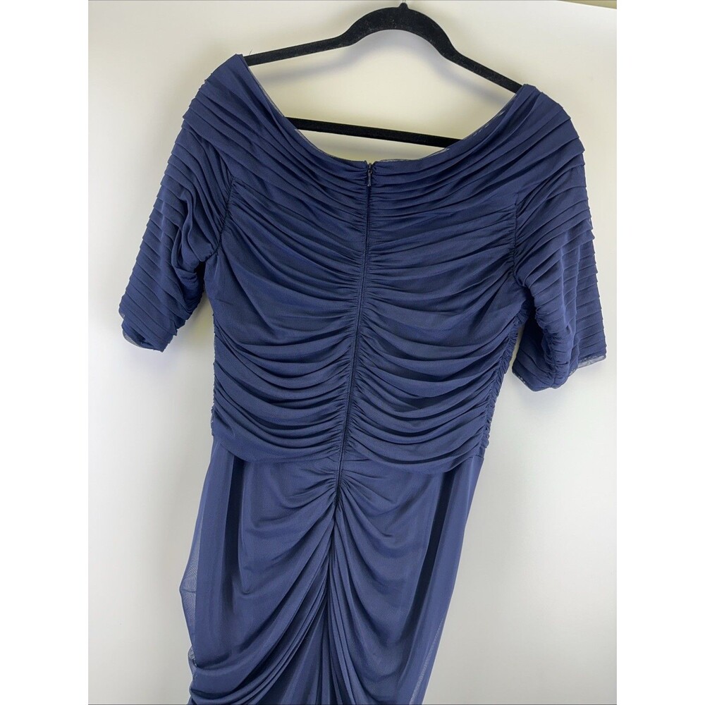 Tadashi Shoji Asymmetric Ruched Sleeve Gown Navy Chiffon Fitted Mermaid Large - Picture 9 of 16